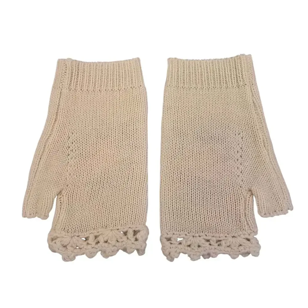 Beige Floral Embroidered Crochet Trim Knit Fingerless Gloves